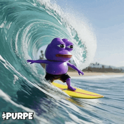 Purple Frog Riding Wave On Surfboard With Word Purpe GIF