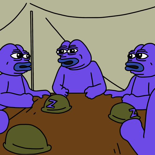 Purple Frogs Around Table With Green Helmet Saying Z GIF