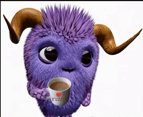Purple Furry Creature With Horns Holding Mug Saying Fuzz GIF
