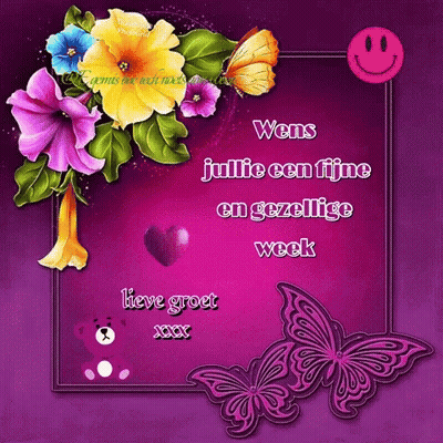 Purple Greeting Card With Flowers And Butterflies Says Wens Julie Een Fijne En Gezellige Week Lieve Groet Xxx GIF