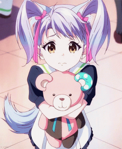Purple Hair Girl Holding Pink Teddy Bear And Donut GIF