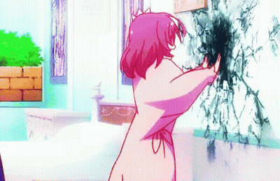 Purple Hair Red Eyes Girl Looking at Camera