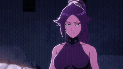 Purple Haired Anime Character With Ponytail Looking At Camera GIF