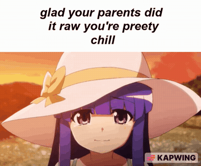 Purple Haired Anime Girl With White Hat Glad Your Parents Did It Raw You're Pretty Chill GIF