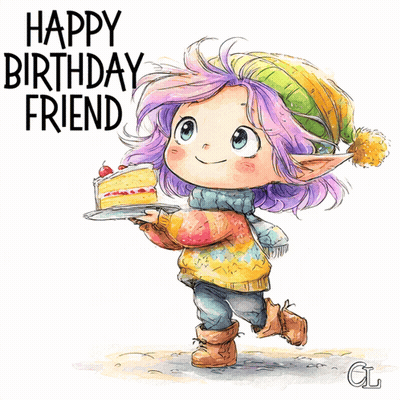 Purple Haired Girl Holding Cake Saying Happy Birthday Friend GIF