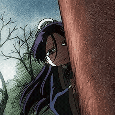 Purple-Haired Girl Peeking From Behind Tree GIF