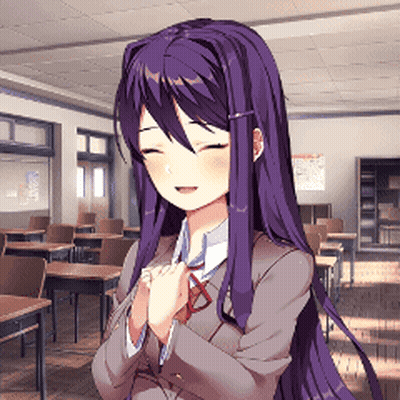 Purple-Haired Girl Standing In Classroom Eyes Closed Hands Folded GIF