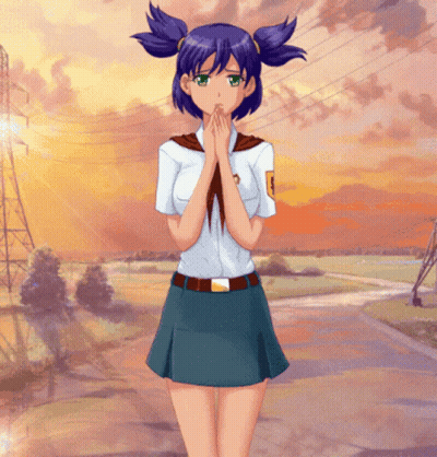Purple-Haired Green-Eyed Girl White Shirt And Blue Skirt GIF