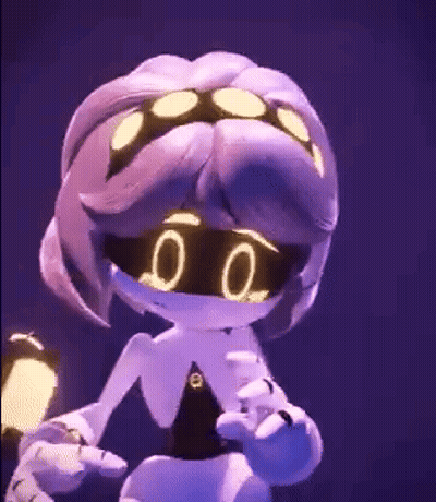 Purple Haired Masked Character On Purple Background GIF