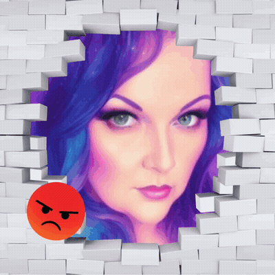 Purple-Haired Woman Behind Brick Wall With Angry Face GIF