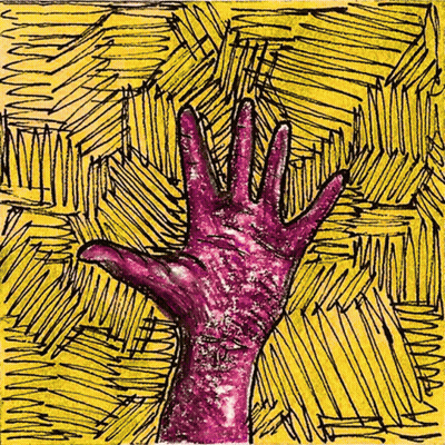 Purple Hand Reaching Up On Yellow Background GIF
