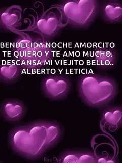 Purple Hearts On A Black Background With A Message In Spanish GIF