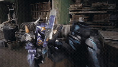 Purple Horned Robot Fighting Blue Robot GIF
