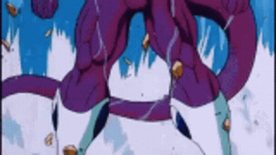 Purple Monster Flying Through Air With Blue Background GIF