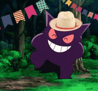 Purple Monster In Straw Hat Walking Through Forest GIF