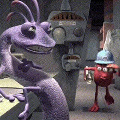 Purple Monster Next To Red Monster In Blue Helmet GIF