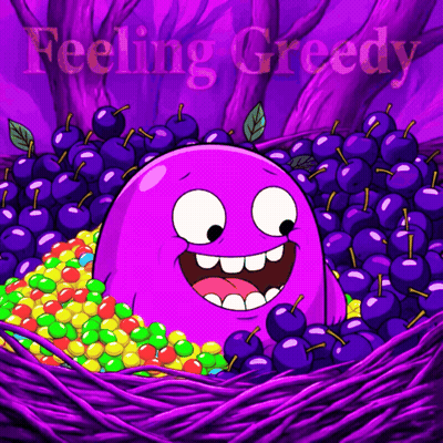 Purple Monster With Cherries And Candy Feeling Greedy GIF