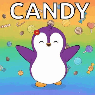 Purple Penguin With Flower Surrounded By Candy GIF