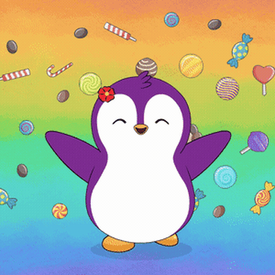 Purple Penguin With Flower Surrounded By Candy GIF