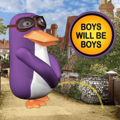 Purple Penguin With Goggles And Boys Will Be Boys Sign GIF
