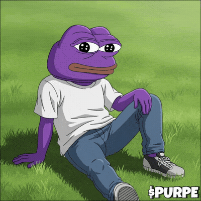Purple Pepe Frog Sitting In Grass Wearing Jeans And White Shirt GIF