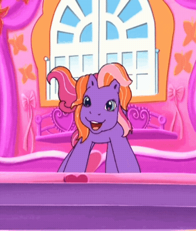 Purple Pony Sitting On Bed With Window GIF
