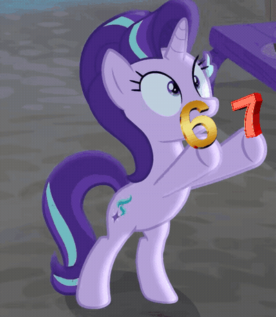 Purple Pony With Gold Ring Holding Red Number 7 GIF