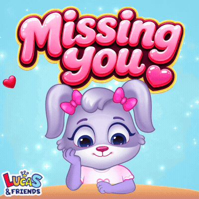Purple Rabbit With Pink Bows Sitting Under Missing You Sign GIF