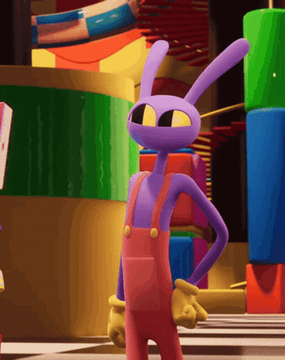 Purple Rabbit With Yellow Eyes In Pink Overalls GIF