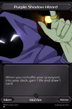 Purple Shadow Wizard Is A Card That Says When You Reshuffle Your Graveyard Into Your Deck You Gain 1 Life And Draw 1 Car GIF