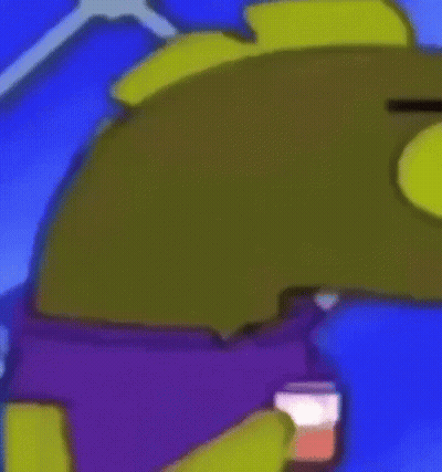 Purple Shirt Cartoon Character With Yellow Eyes Holding Soda GIF