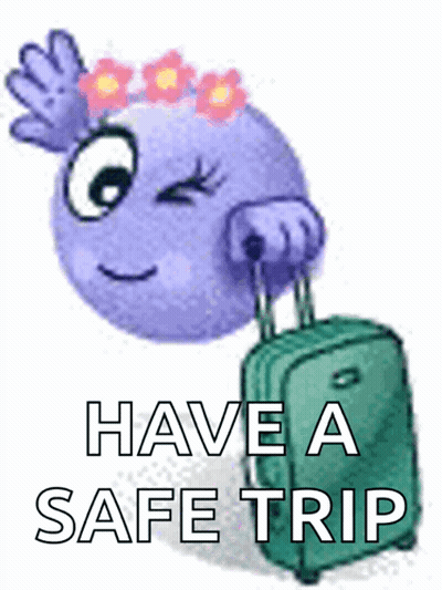 Purple Smiley Carrying Green Suitcase Have A Safe Trip GIF