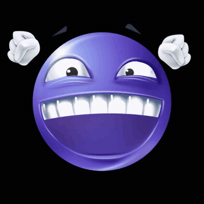 Purple Smiley Face With White Teeth And Fist In Air GIF