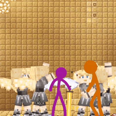 Purple Stick Figure In Front Of Sword-Wielding Stick Figures GIF