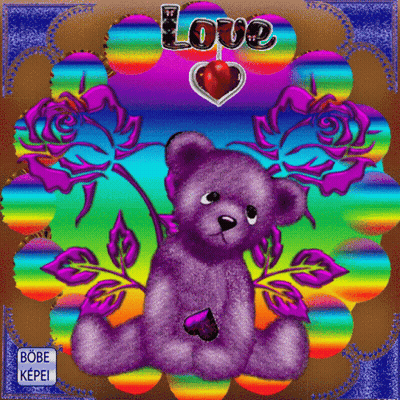 Purple Teddy Bear Surrounded By Rainbow Flowers And Love Heart GIF