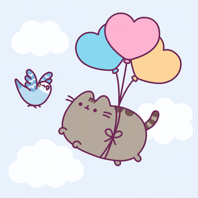 Pusheen Cat Flying With Heart Balloons GIF