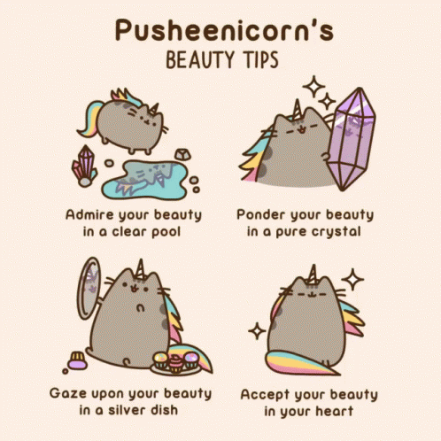 Pusheen Unicorn 'S Beauty Tips Include Admire Your Beauty In A Clear Pool Ponder Your Beauty In A Pure Crystal GIF