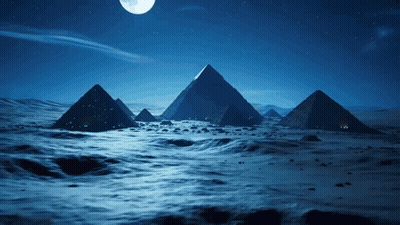 Pyramids Lit At Night With Full Moon GIF