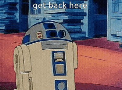 R2D2 Robot Says Get Back Here In Front Of Building GIF