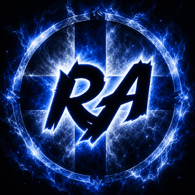 Ra Is Written In A Blue Circle With A Cross In The Background GIF