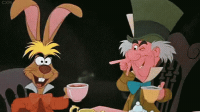 Rabbit And Mad Hatter Sitting At Tea Table GIF