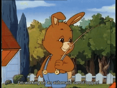 Rabbit Holding Fishing Rod Saying I'm Working On An Automatic Carrot Topper GIF
