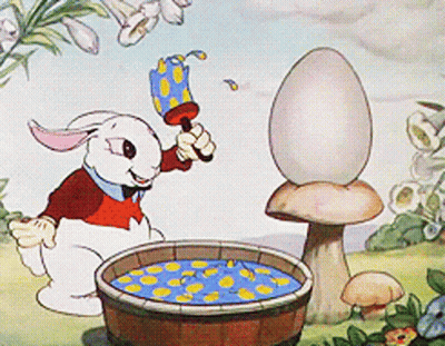 Rabbit Holding Umbrella Next To Bucket And Egg GIF