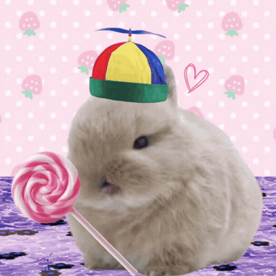 Rabbit In Colorful Hat Holding Pink Lollipop GIF