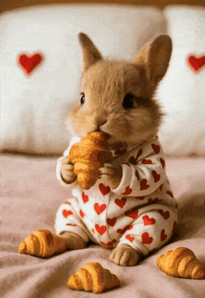 Rabbit In Pajamas Eating Croissant GIF