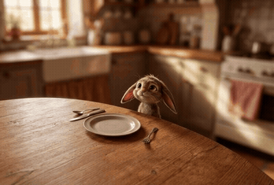 Rabbit Sitting On Wooden Table With Plate And Silverware GIF