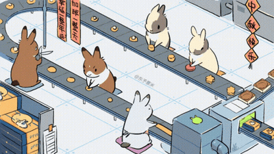 Rabbits Sitting On Conveyor Belt With Chinese Writing GIF