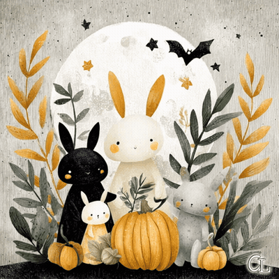 Rabbits Surrounded By Pumpkins And Leaves With CL GIF
