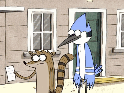 Raccoon And Blue Bird In Front Of House GIF