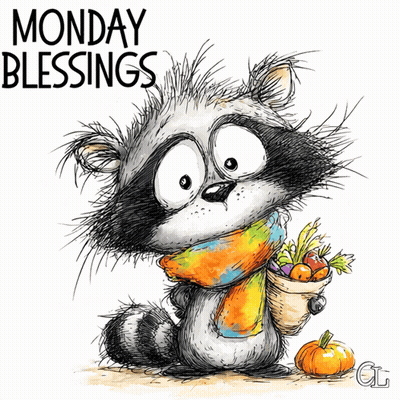 Raccoon Holding Basket Of Vegetables Saying Monday Blessings GIF